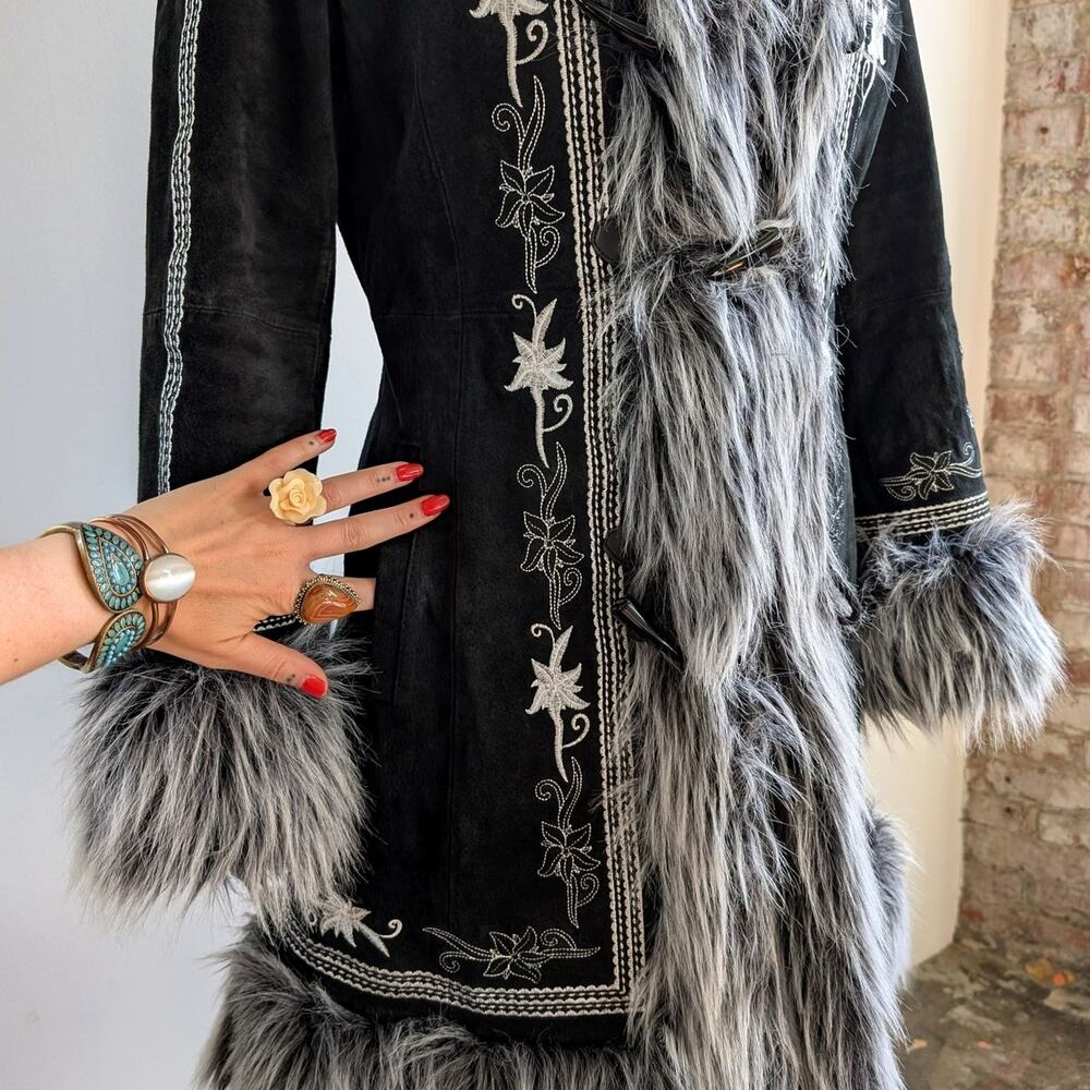 Vintage Black Suede Coat Penny Lane Groovy Faux Fur Jacket Afghan Trench Medium - Picture 6 of 13
